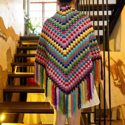 Handmade Women's Crochet colourful Oversize Tassel Shawl Scarf Granny Womens Coat Sweater 86x39in in Kuwait