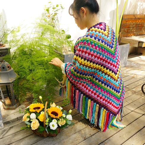 Handmade Women's Crochet colourful Oversize Tassel Shawl Scarf Granny Womens Coat Sweater 86x39in in Kuwait