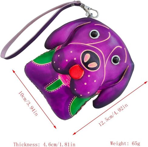 Yzikema 1 Pcs Leather Zipper Coin Purse Dog Shaped Wallet, Wrist Bag,Hand Bag,Coin Organizer, Change Holder,Card Case, Mini Leather Zipper Storage Bag for Women, Purple, 4.92"x 3.94"x 1.81", Art Style in Kuwait