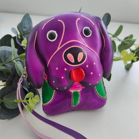Yzikema 1 Pcs Leather Zipper Coin Purse Dog Shaped Wallet, Wrist Bag,Hand Bag,Coin Organizer, Change Holder,Card Case, Mini Leather Zipper Storage Bag for Women, Purple, 4.92"x 3.94"x 1.81", Art Style in Kuwait