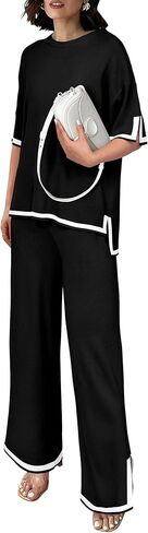 PRETTYGARDEN Women's Summer 2 Piece Outfits Casual Short Sleeve Knit Sweater Tops Wide Leg Pants Lounge Sets Tracksuits in Kuwait