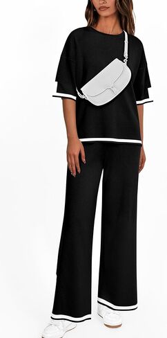 PRETTYGARDEN Women's Summer 2 Piece Outfits Casual Short Sleeve Knit Sweater Tops Wide Leg Pants Lounge Sets Tracksuits in Kuwait