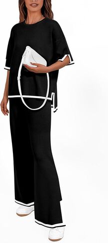 PRETTYGARDEN Women's Summer 2 Piece Outfits Casual Short Sleeve Knit Sweater Tops Wide Leg Pants Lounge Sets Tracksuits in Kuwait