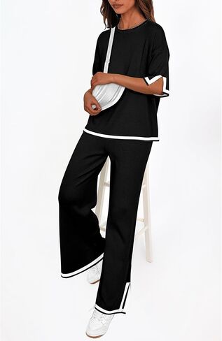 PRETTYGARDEN Women's Summer 2 Piece Outfits Casual Short Sleeve Knit Sweater Tops Wide Leg Pants Lounge Sets Tracksuits in Kuwait