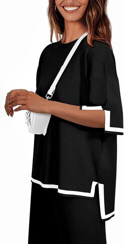 PRETTYGARDEN Women's Summer 2 Piece Outfits Casual Short Sleeve Knit Sweater Tops Wide Leg Pants Lounge Sets Tracksuits in Kuwait