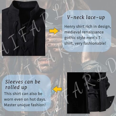 قميص رجالي باكمام طويلة من ايفارلد، مصنوع من القطن بنسبة 100% بنمط ريترو برباط للعصور الوسطى، فايكنج، قميص هيبي مطابق للقراصنة التنكرية, أسود, XL in Kuwait