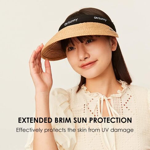 Women's Straw Sun Visor Hat UPF 50+ Anti-UV Protection Summer Ponytail Beach Hat Wide Brim Foldable Sun Cap YLH3M305 in Kuwait