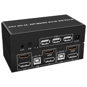 HDMI DP KVM Switch 2 Monitors 2 Computers 4K@60Hz Dual Monitors 2 Computers HDMI+Displayport KVM Switch for 2 Computer Share 2 Display and 3 USB2.0 Devices Wired Remote and 4 Cables Included