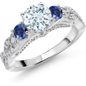 Gem Stone King 925 Sterling Silver Sky Blue Aquamarine Blue Created Sapphire and White Moissanite Engagement Ring For Women (1.30 Cttw, Gemstone March Birthstone, Round 6MM and 3MM)