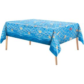 Ocean Wave Tablecloths Fish Net Decor Disposable Plastic Pirate Party Nautical Themed Ocean Under The Sea Blue Tablecover Shells Beach Pool Mermaid Shark Birthday Party Decoration Supplies 54 * 108