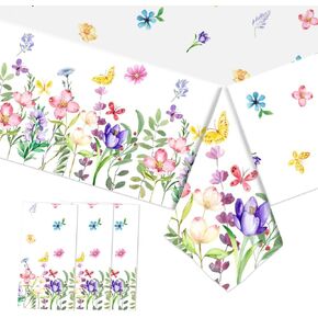 3 PCS Summer Floral Tablecloth Plastic, 54x108 Inch Disposable Table Cloth Rectangle Table Cover with Pink Purple Flower Butterfly for Home Decor Summer Picnic Birthday Party Decorations