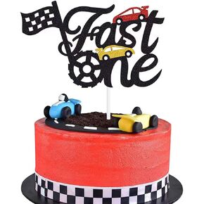 Cake Topper, Fast One Race Car, Black Glitter, 1 Pc, for 1st Birthday Cake Decoration, Chequered Flag Themed Party Supplies