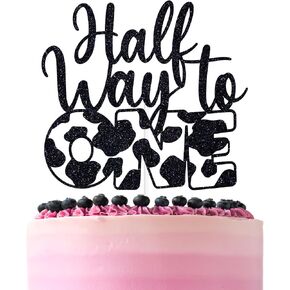 Black Glitter Half Way to One Cake Topper, 6 Months/1/2 Way to One/It's My 1/2 Birthday, Cow Themed Baby's 6 Months Birthday Party Decorations Supplies