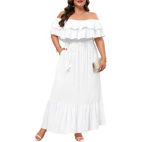 Plus Size Off The Shoulder Maxi Long Casual Layered Ruffle Beach Sundress Women Pocket 2024