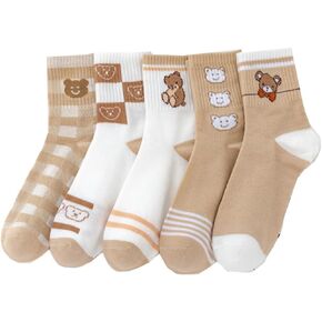 5 Pairs Women Teen Girls Cute Crew Socks Aesthetic Socks Cotton Frilly Bear Heart Ankle Lolita Socks for Students