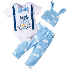 Fairy Baby Infant Baby Boy My First Easter Day Gentleman Outfits Newborn Bow Tie Romper Bunny Pant Clothes Set with Hat 0-18M