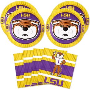 LSU Party for 16! Set includes 16 Appetizer Plates & 16 Party Napkins. Featuring Mike The Tiger for Tailgate, Football Party, Birthday or University events. by Havercamp