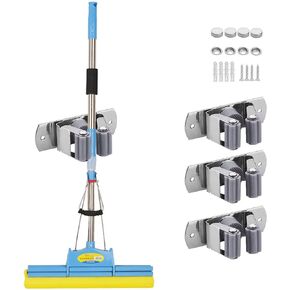 Mop Broom Holder Wall Mounted Heavy Duty, 4 Pack Stainless Steel Self Adhesive Tools Storage Organizers for Utility Room, Kitchen, Bathroom, Garage, Laundry, Garden and Office