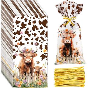 Engrowtic 100 Pcs Highland Cow Party Cellophane Bags Highland Cattle Treat Bags Goodie Highland Cow Floral Gifts Bags with Twist Ties for Highland Cow Decorations Party Favors Supplies