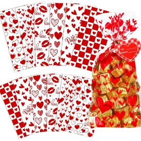 QTDS Valentines Cellophane Treat Bags - 150 Pcs Valentines Gift Bags for Kids Class - Valentines Day Goodie Candy Bags, Clear Plastic Goodie Bags for Valentines Party Favors