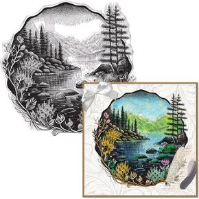 Mountain Lake Wreath Clear Stamps for Card Making and Photo Album Decorations, Natural Scenery Background Transparent Silicone Stamps Rubber Seal Stamps for Crafts Journal DIY Scrapbooking