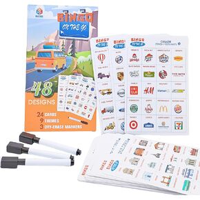 48 Designs 9 Themes Car Bingo and Road Trip Scavenger Hunt Game with 3 Markers for Kids, Fun Travel Activity for Kids Ages 3-8