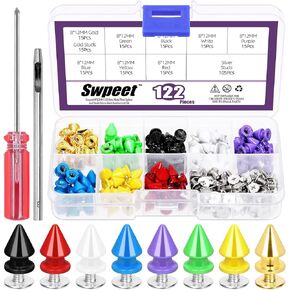 Swpeet 150 Sets 7X10mm Metal Cone Rivet and Screwbacks Kit with Installation Tools, Punk Metal Rivet Studs Rivets Screw, Leather Spikes for DIY Leathercraft Punk Style Clothing Accessories