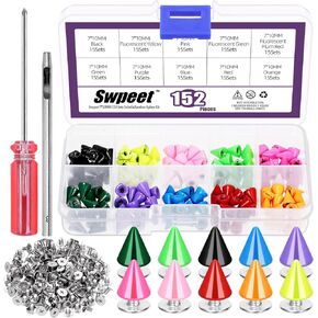 Swpeet 150 Sets 7X10mm Metal Cone Rivet and Screwbacks Kit with Installation Tools, Punk Metal Rivet Studs Rivets Screw, Leather Spikes for DIY Leathercraft Punk Style Clothing Accessories