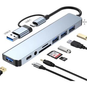 USB Hub USB C Hub USB Splitter Port Extender 8 في 1 USB 3.0 Hub USB محول & USB C Splitter 4 USB 1 USBC TF/SD قارئ بطاقة إخراج الصوت متوافق مع MacBook/Pad Pro/Dell/HP الكمبيوتر المحمول/الهواتف