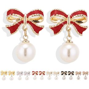 Bow Bow Drop Earrings for Women Pearl and Crystal Stud Earrings for Party, Wedding, Prom