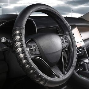 West Llama Nappa Leather Car Steering Wheel Cover Gel Massage,Cool in Summer,Universal 15 inch(Black-Standard Size)