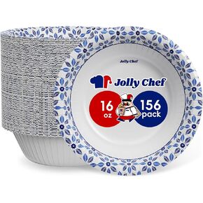JOLLY CHEF 16 oz Paper Bowls 156 Count Soak Proof, Heavy Duty Printed Disposable Small Bowls Bulk for Dinner or Lunch