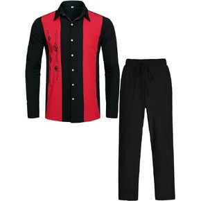 Daupanzees Men's Vintage 2 Piece Set 1950s Retro Bowling Button Down Shirt Outfit Casual Embroidered Shirt and Pant Sets
