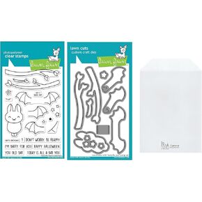Lawn Fawn Batty for You 4"x6" Clear Stamp Set, Coordinating Dies and Carnora Storage Pocket, Bundle of 3 Items