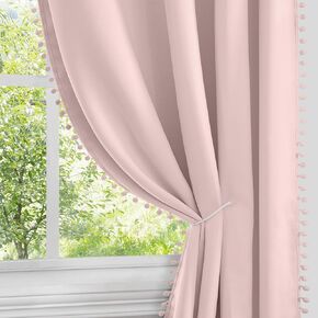 HOMEIDEAS Greyish White Pom Pom Curtains, 52 x 84 Inches Long Curtains for Kids/Nursery, Room Darkening Window Grommet Curtains for Bedroom/Living Room, 2 Panels
