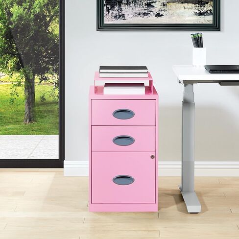 OSP Home Furnishings 3 Drawer Locking Metal File Cabinet with Top Shelf, Pink in Saudi Arabia