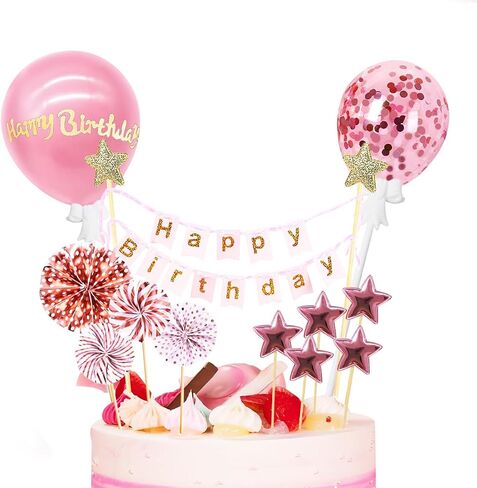 Rose Gold Cake Topper Decoration with Happy Birthday, Birthday Cake Topper, Pink Star，Confetti Balloon and Paper Fans for Rose Gold Theme Birthday Party Decor Girl Women in Saudi Arabia