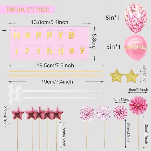 Rose Gold Cake Topper Decoration with Happy Birthday, Birthday Cake Topper, Pink Star，Confetti Balloon and Paper Fans for Rose Gold Theme Birthday Party Decor Girl Women in Saudi Arabia
