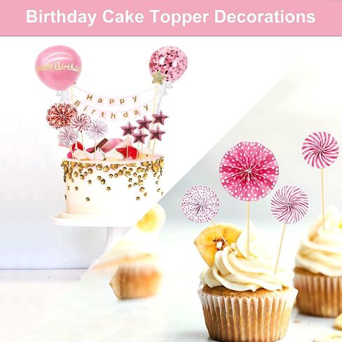 Rose Gold Cake Topper Decoration with Happy Birthday, Birthday Cake Topper, Pink Star，Confetti Balloon and Paper Fans for Rose Gold Theme Birthday Party Decor Girl Women in Saudi Arabia