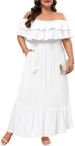 Plus Size Off The Shoulder Maxi Long Casual Layered Ruffle Beach Sundress Women Pocket 2024 in Saudi Arabia