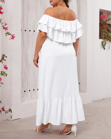 Plus Size Off The Shoulder Maxi Long Casual Layered Ruffle Beach Sundress Women Pocket 2024 in Saudi Arabia