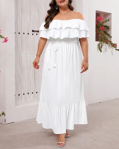 Plus Size Off The Shoulder Maxi Long Casual Layered Ruffle Beach Sundress Women Pocket 2024 in Saudi Arabia