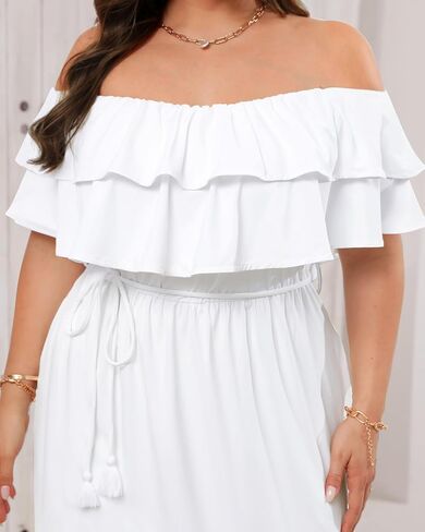 Plus Size Off The Shoulder Maxi Long Casual Layered Ruffle Beach Sundress Women Pocket 2024 in Saudi Arabia