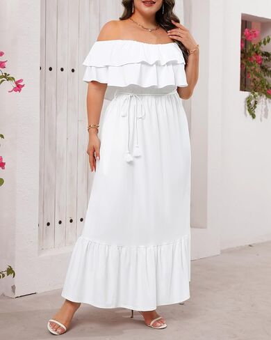 Plus Size Off The Shoulder Maxi Long Casual Layered Ruffle Beach Sundress Women Pocket 2024 in Saudi Arabia
