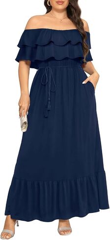 Plus Size Off The Shoulder Maxi Long Casual Layered Ruffle Beach Sundress Women Pocket 2024 in Saudi Arabia