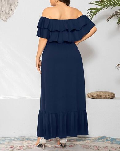 Plus Size Off The Shoulder Maxi Long Casual Layered Ruffle Beach Sundress Women Pocket 2024 in Saudi Arabia