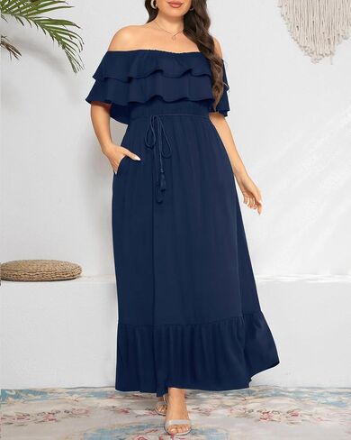 Plus Size Off The Shoulder Maxi Long Casual Layered Ruffle Beach Sundress Women Pocket 2024 in Saudi Arabia