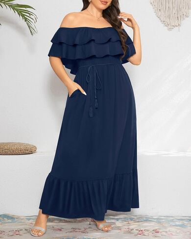 Plus Size Off The Shoulder Maxi Long Casual Layered Ruffle Beach Sundress Women Pocket 2024 in Saudi Arabia
