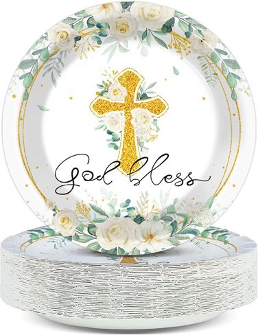 48PCS God Bless Flower Plates Baptism Party Supply First Holy Communion Blue Floral Tableware Mi Bautizo Disposable Paper Plate for Christening Ceremony Newborn Religious Favor 7 * 7inch in Kuwait