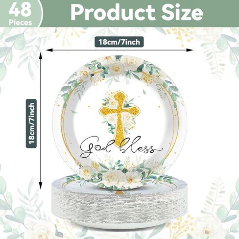 48PCS God Bless Flower Plates Baptism Party Supply First Holy Communion Blue Floral Tableware Mi Bautizo Disposable Paper Plate for Christening Ceremony Newborn Religious Favor 7 * 7inch in Kuwait